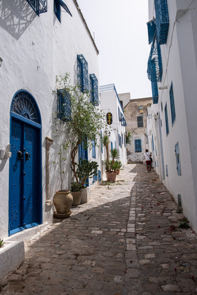 Casa encalada de zócalos y ventanas azules en Túnez.