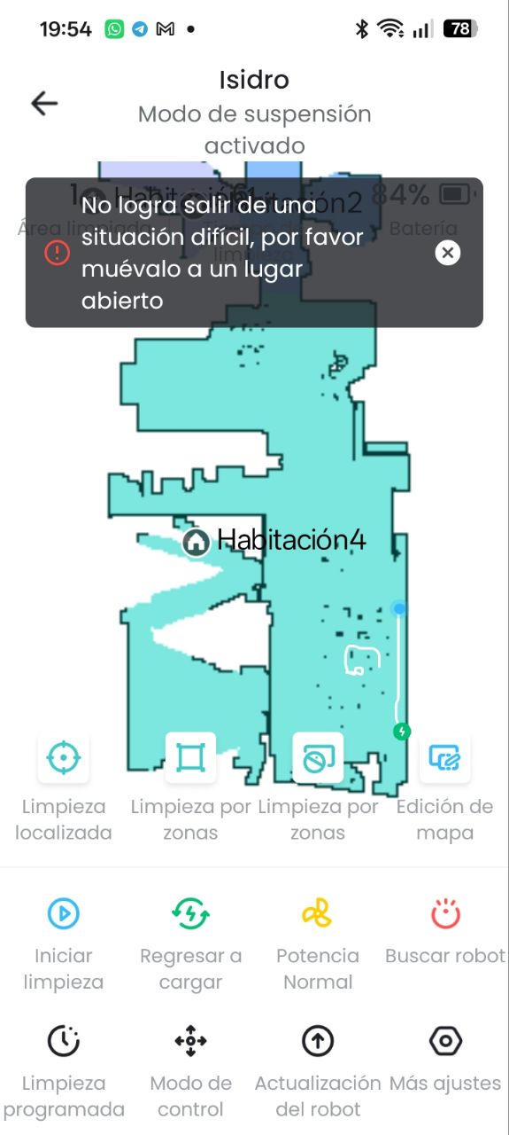 Mensaje recibido del robot aspiradora